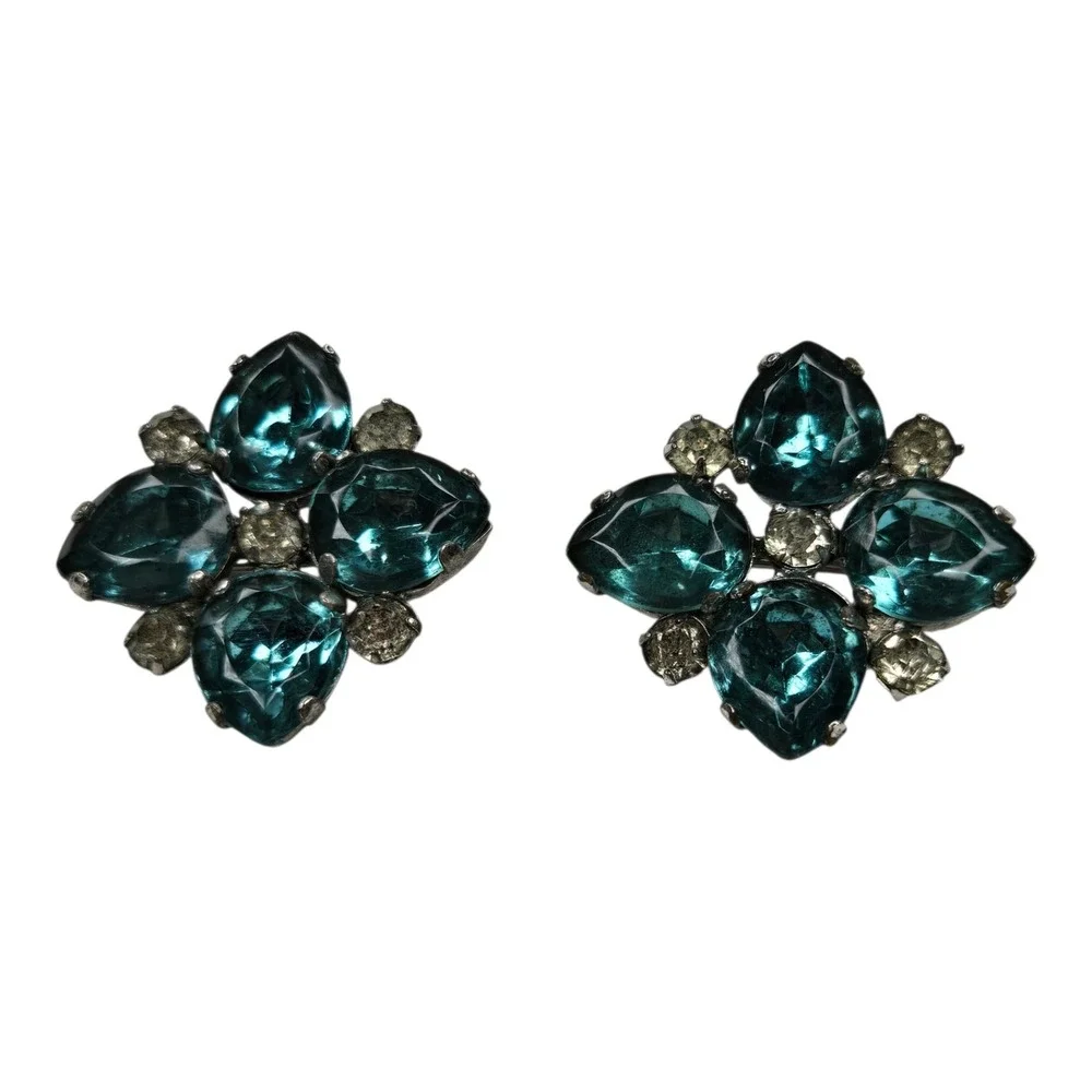 Vintage Brooch Set Rhinestone Teal Blue Silver Tone Vintage Style Pair